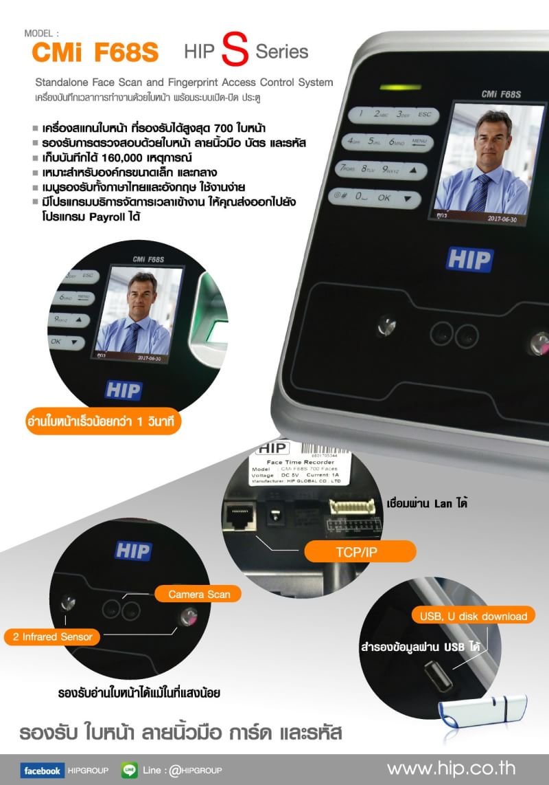 CMiF68S HIP FAEC SCAN รองรับ 700 ใบหน้า5,000 ลายนิ้วมือ และ1,000 บัตร(คีย์การ์ด) ราคาเครื่อง 6,500.00 CMiF68S HIP FAEC SCAN รองรับ 700 ใบหน้า5,000 ลายนิ้วมือ และ1,000 บัตร(คีย์การ์ด) ราคาเครื่อง 6,500.00