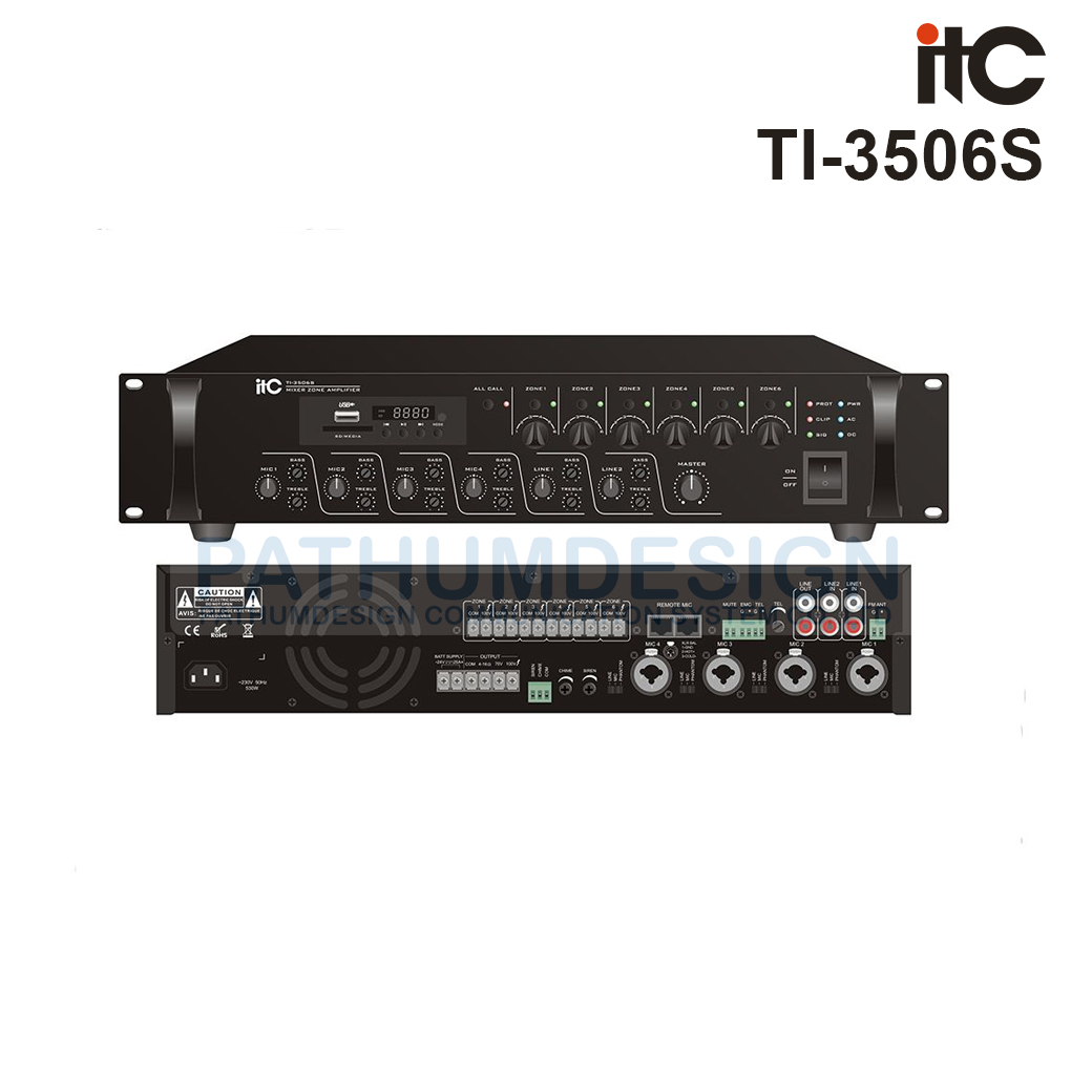 ITC TI-3506S 350W, 6 Zone mixer amplifier with MP3/Tuner/Bluetooth&USB, 4 mic inputs, 2 line inputs.