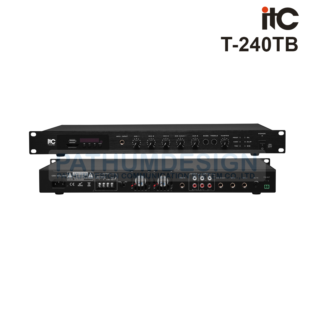 ITC T-240TB 240W, Mixer Amplifier, with MP3/Tuner/Bluetooth, USB, 1 Emc input 2 Aux input 4 Mic input