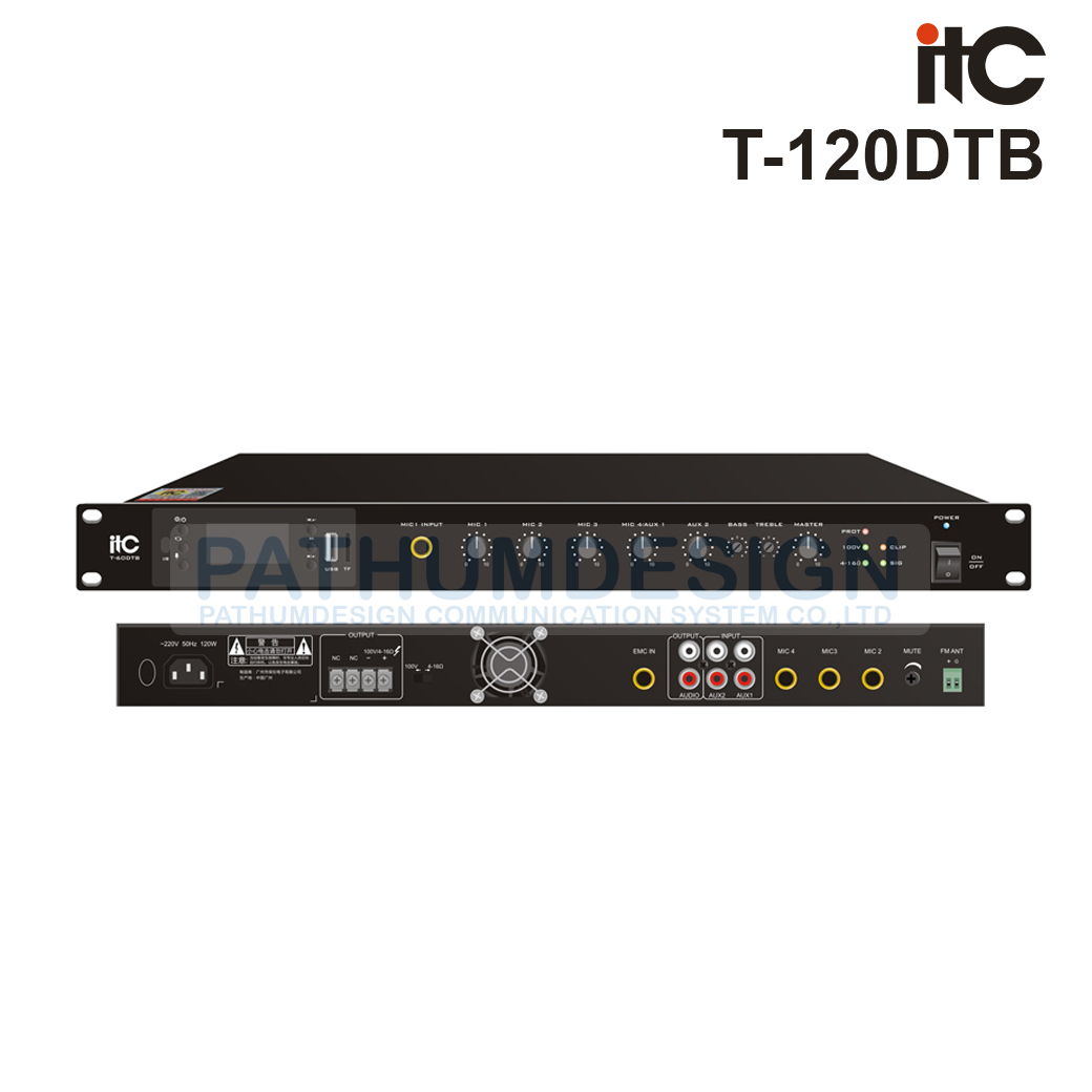 ITC T-120DTB 120W Mixer Amplifier Class-D with MP3/Tuner/Bluetooth&USB 4 mic, 2 aux, 1 Emc