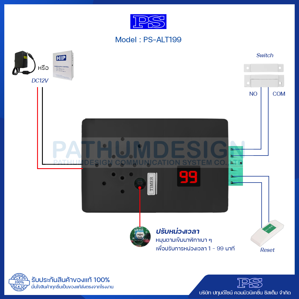 แจ้งเตือนเปิดประตูค้าง ตั้งค่าได้ 1 - 99 นาที รุ่น PS-ALT199