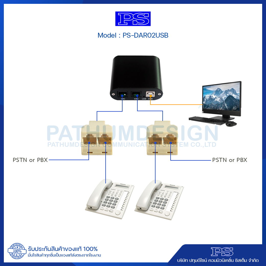 เครื่องบันทึกเสียงสนทนาทางโทรศัพท์ PS รุ่น DAR-02USB Voice Recorder Telephone recorder 2 เบอร์